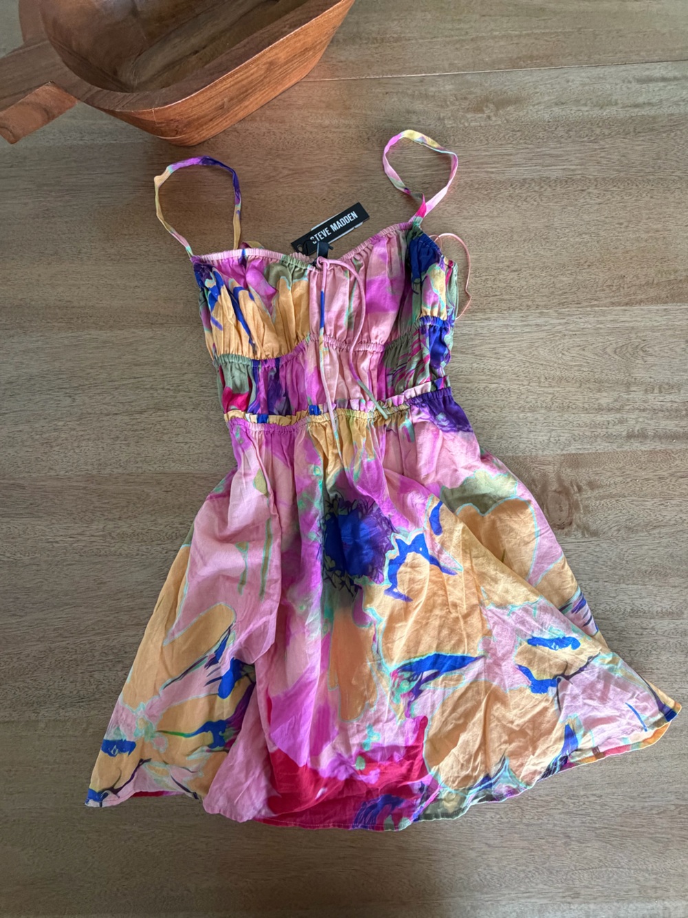 Steve Madden Floral Mini Dress Womens S Pink Olive Watercolor Smocked NWT
